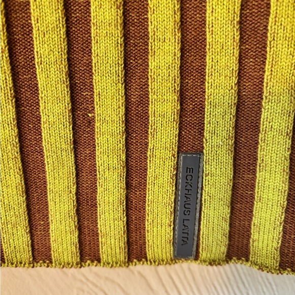 ECKHAUS LATTA Yellow Brown Stripe 100% Merino Wool Knit Crochet Keyboard Sweater - Picture 7 of 15